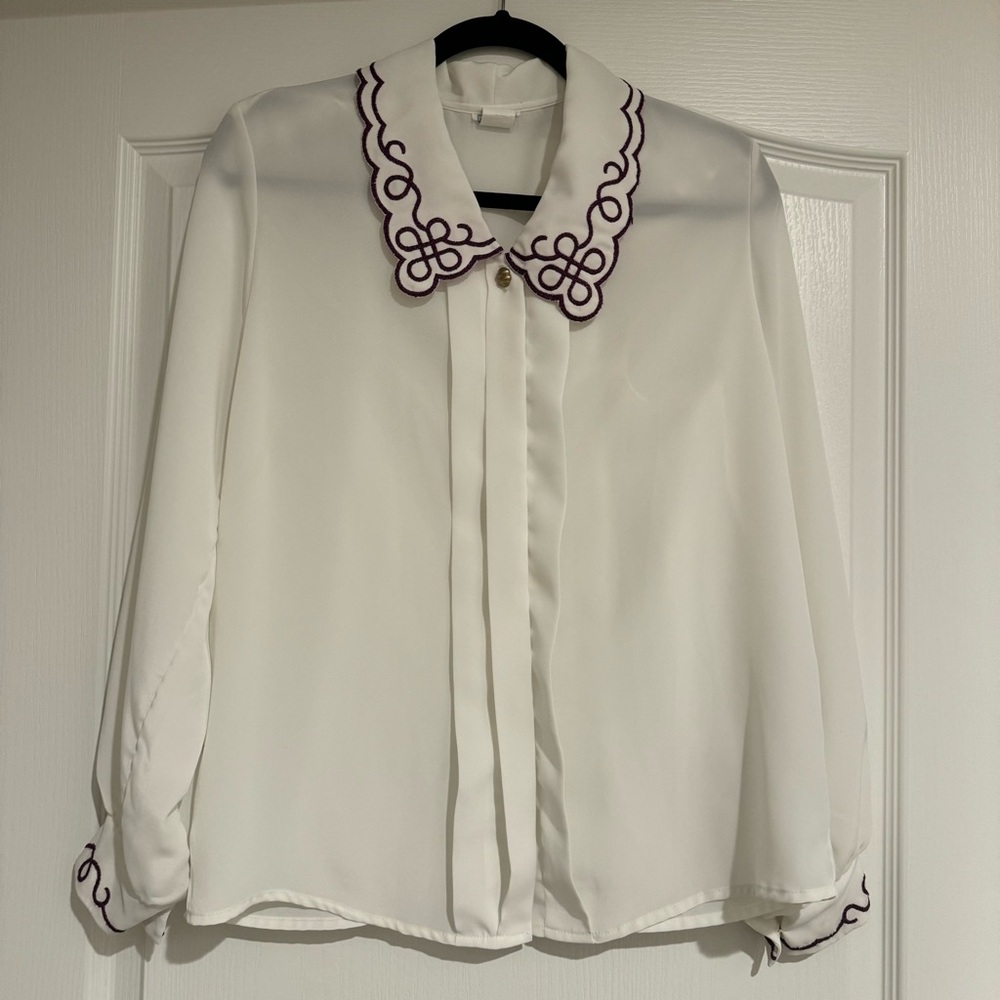 Vintage Thin White Blouse Women's Size Large w/ Purple Embroidery & Gold Buttons